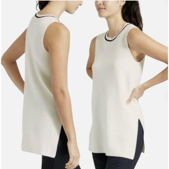 Athleta On the Town Cream with Black Trim Ribbed Knit Sweater Tunic Top Size M - Picture 1 of 16